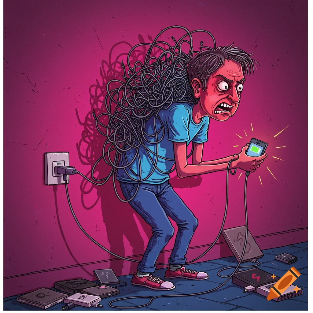 A frustrated, red-faced man burdened by a tangle of charging cables, gripping a smartphone with a full battery icon, standing in front of a wall socket with several power banks on the floor, in a stylized cartoon.