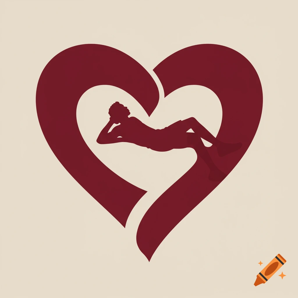 Minimalist logo featuring a maroon silhouette of a person lying down within a large heart shape on a light background.