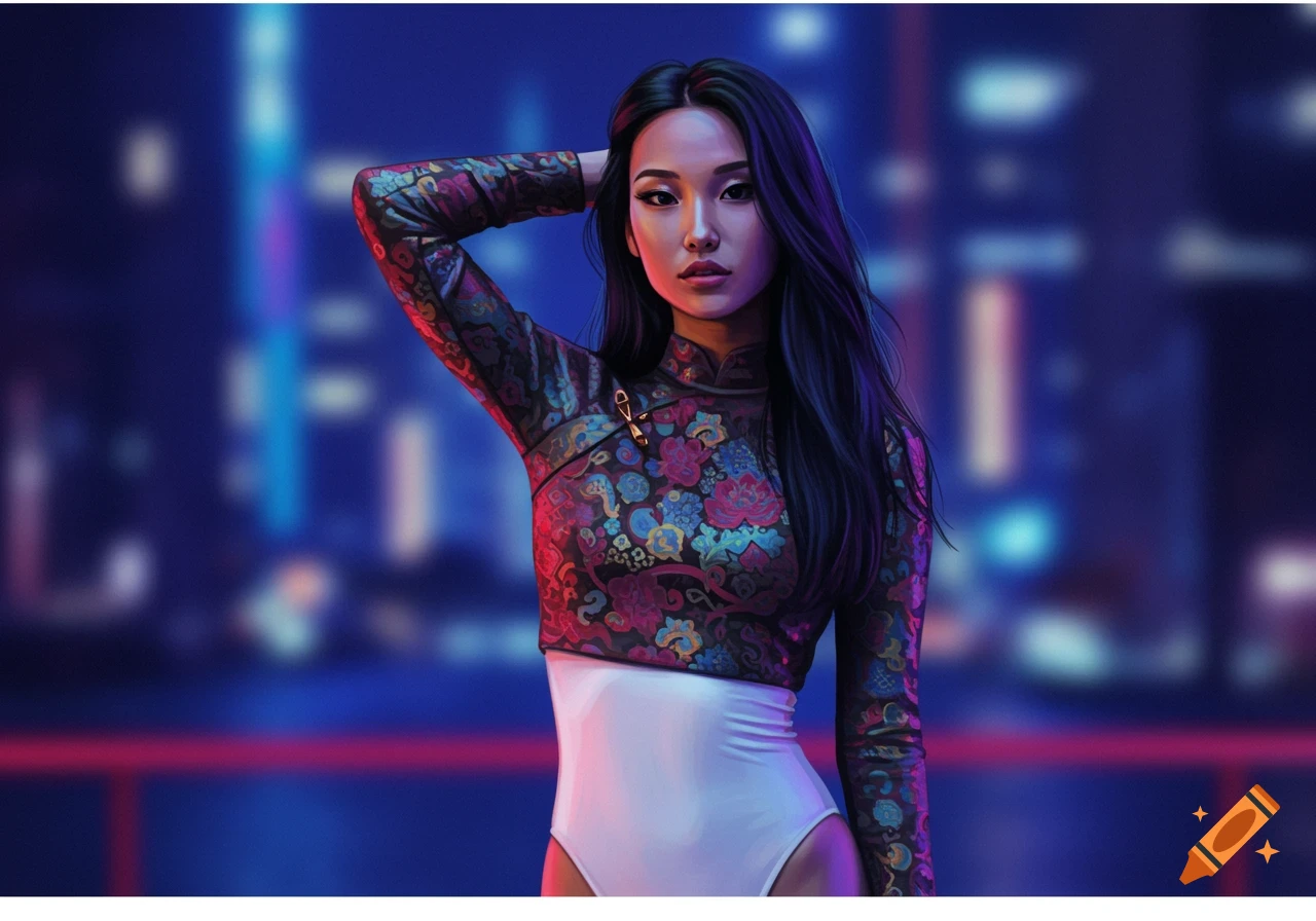 Stylized illustration of an Asian woman in a white high-cut leotard and a floral crop top, posing against a blurred neon city background.