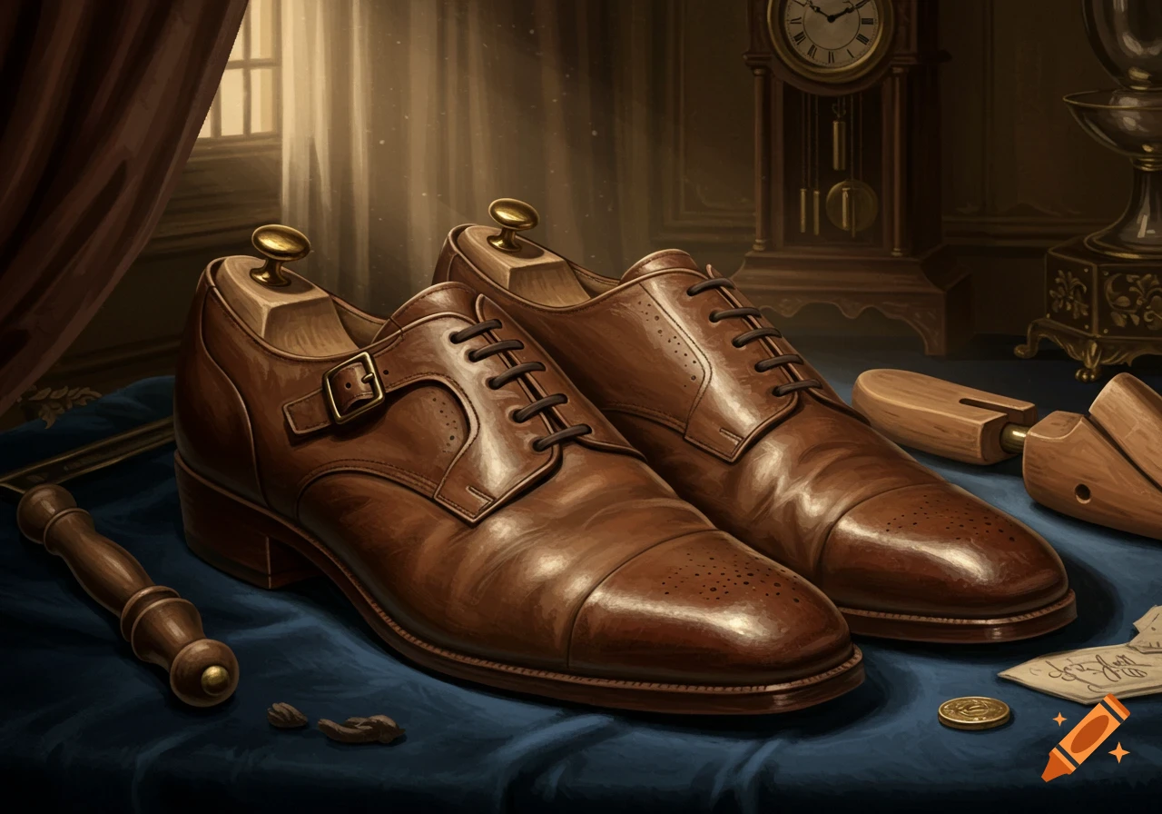 A pair of polished brown leather dress shoes with shoe trees on a blue cloth, in a classic room with a grandfather clock.
