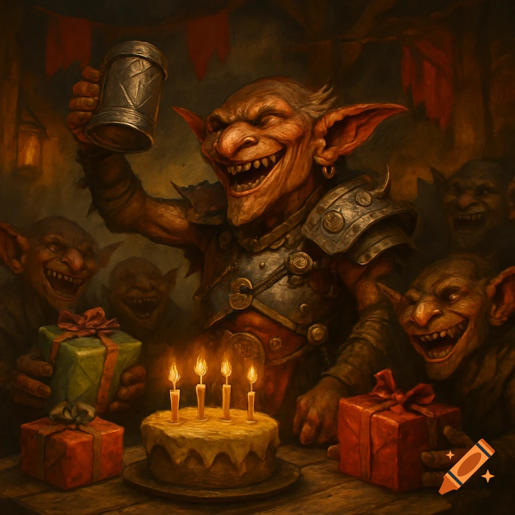 A grinning goblin raises a mug, surrounded by other goblins with gifts and a birthday cake in a dark fantasy tavern.