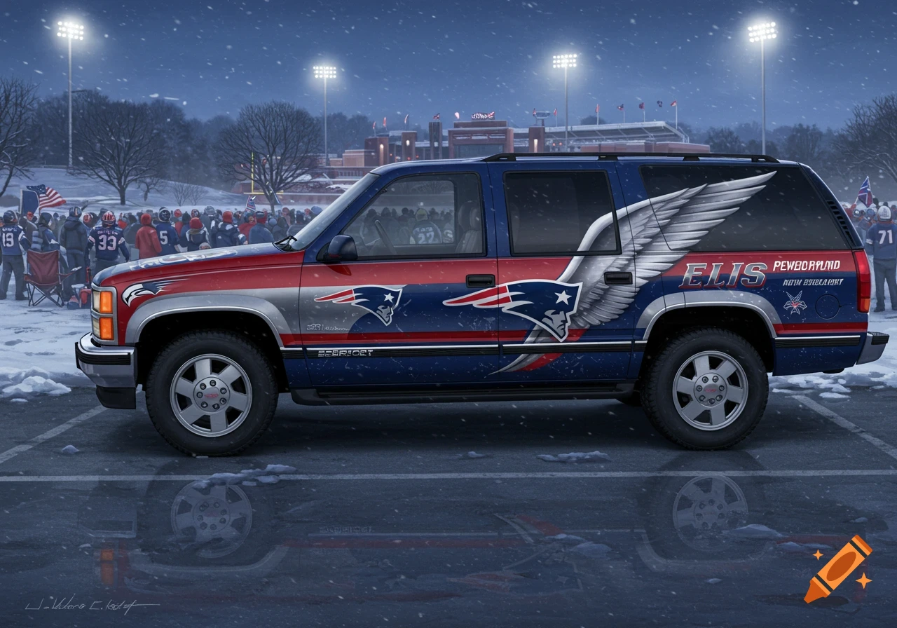 A custom 1998 GMC Suburban with New England Patriots livery parked in a snowy stadium lot, with fans in the background.