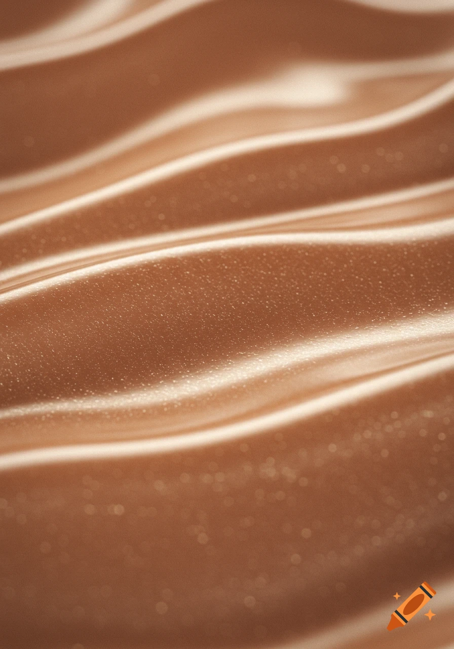 Close-up of shimmering, wavy light brown satin or silk fabric texture with subtle glitter.