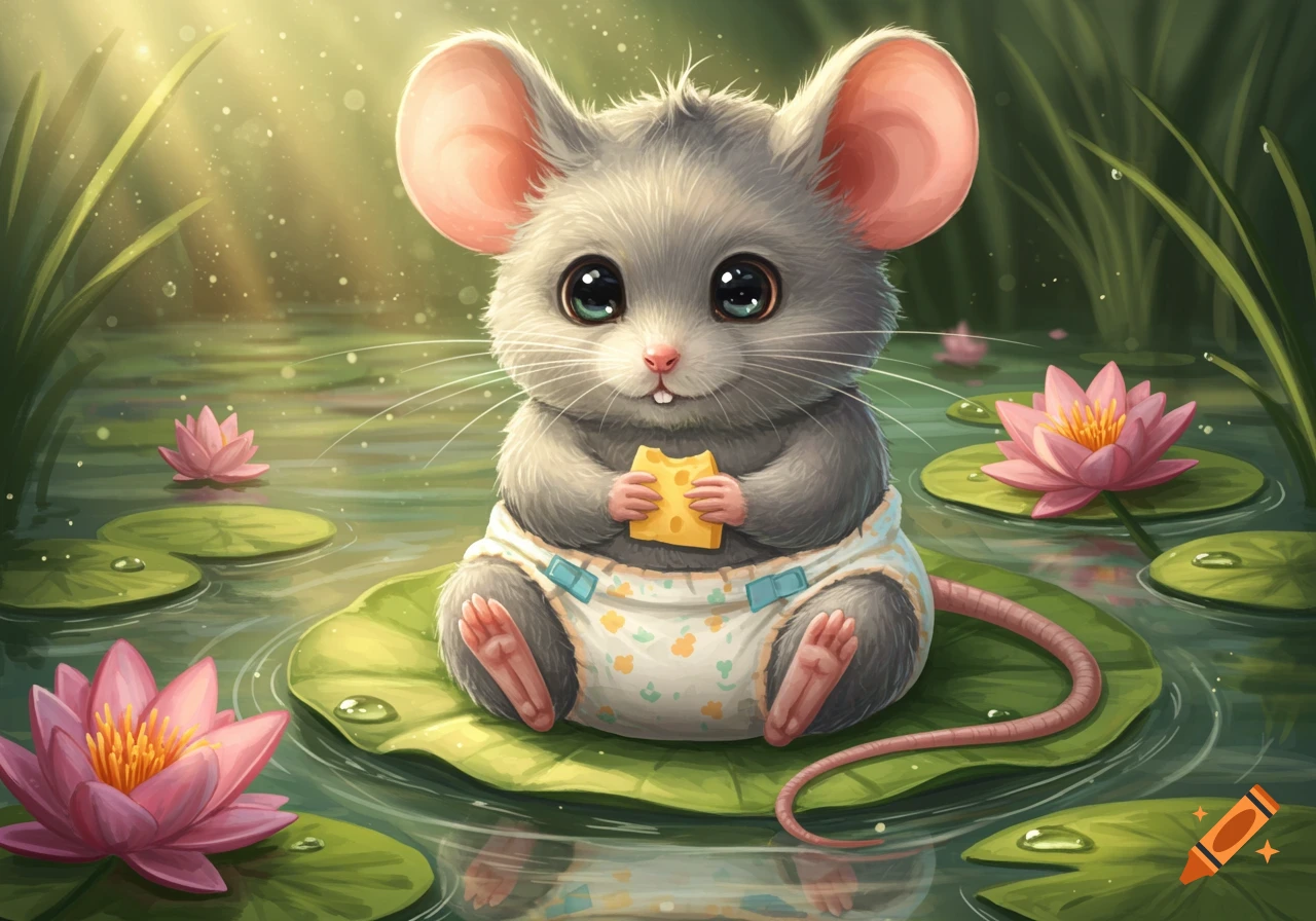A cute baby mouse in a diaper holds a piece of cheese while sitting on a lily pad in a pond with pink lotus flowers.