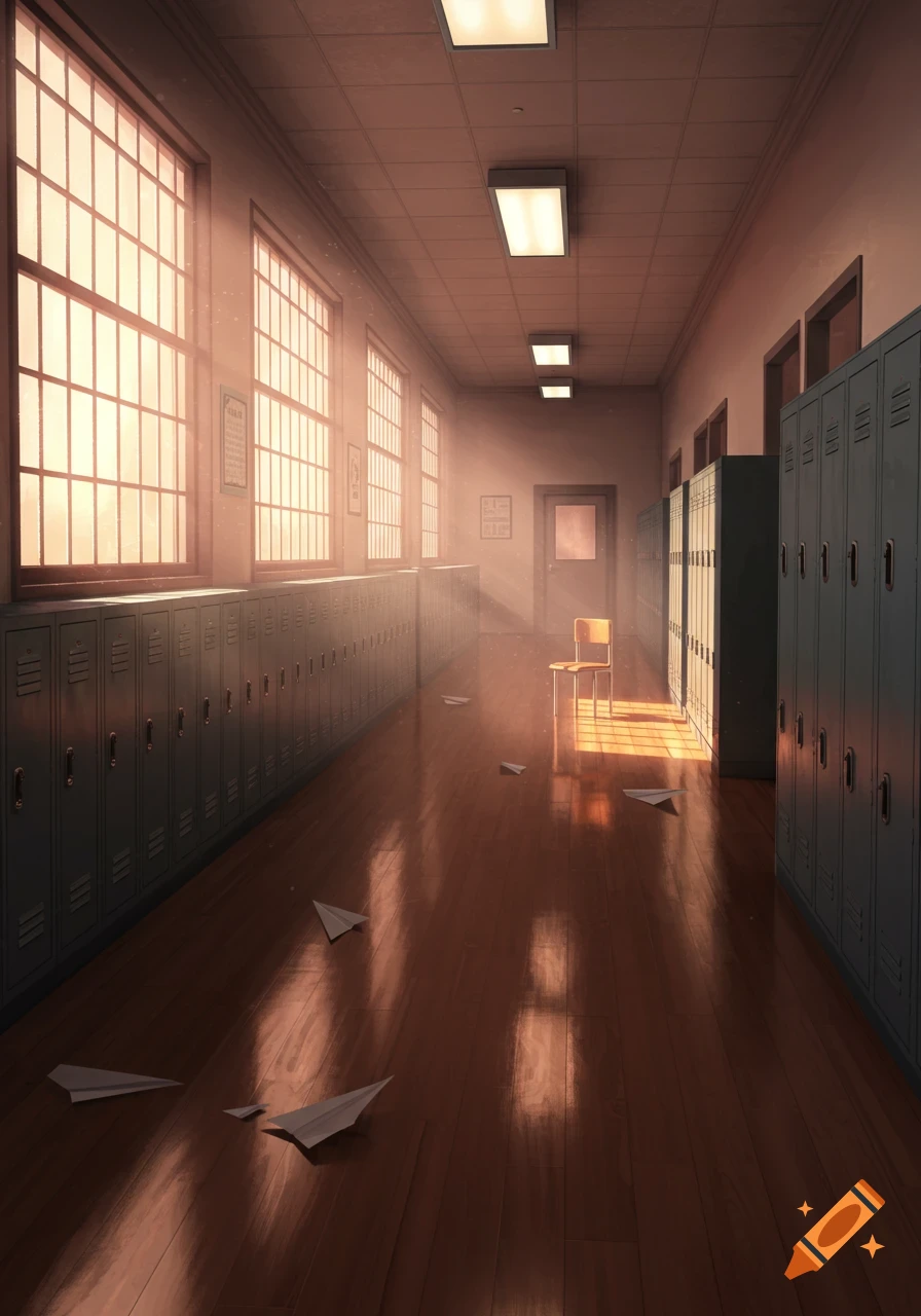Sunlit anime school hallway with lockers, large windows, paper airplanes on the wooden floor, and a single chair by a door.