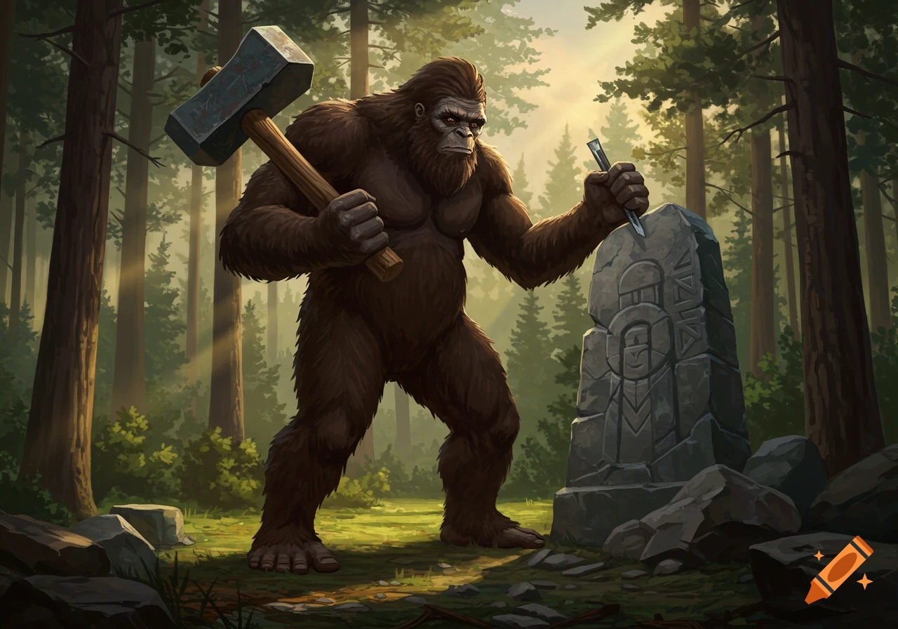 A muscular, brown-furred Sasquatch carves symbols into a stone slab with a hammer and chisel in a sun-dappled forest.