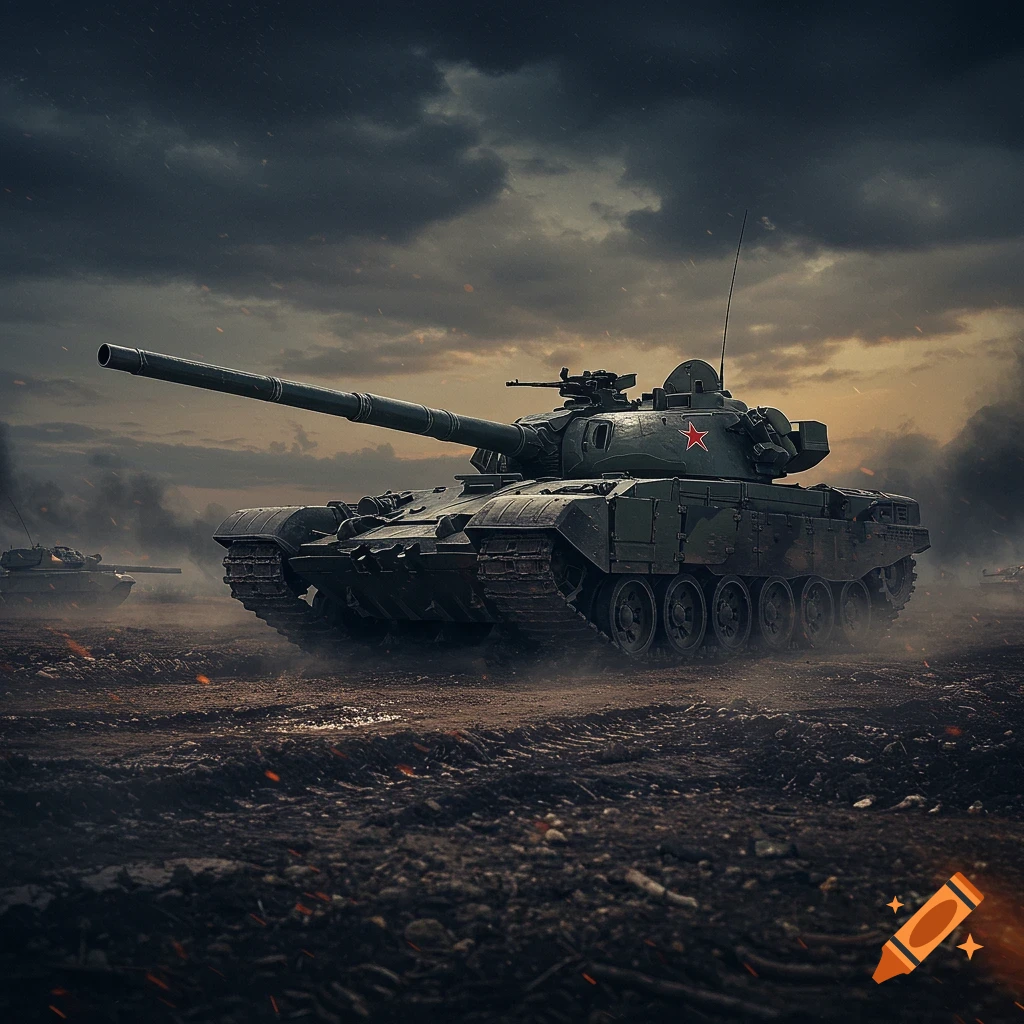 A photorealistic military tank with a red star on its turret, standing on muddy ground under a stormy, smoky sky with hints of fire.
