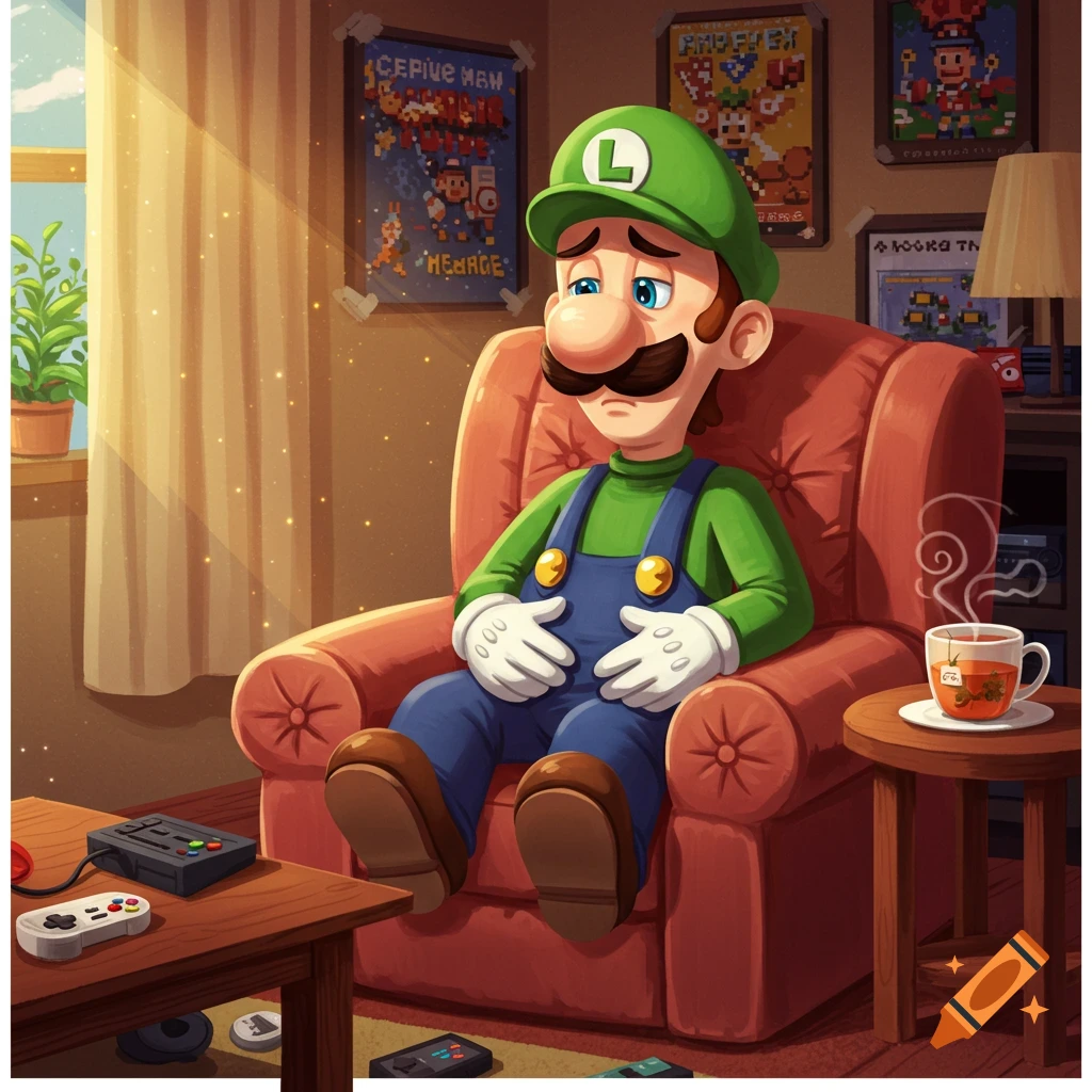 Cartoon Luigi sits sadly in a comfy armchair in a sunlit room, next to a steaming cup of tea.