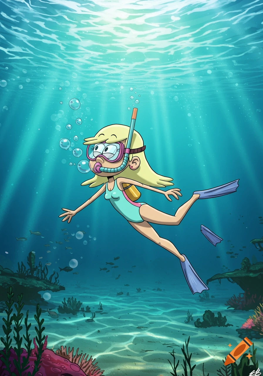 Leni Loud from The Loud House swims underwater, wearing a light blue swimsuit, pink diving mask, and snorkel, blowing bubbles amidst coral and fish.