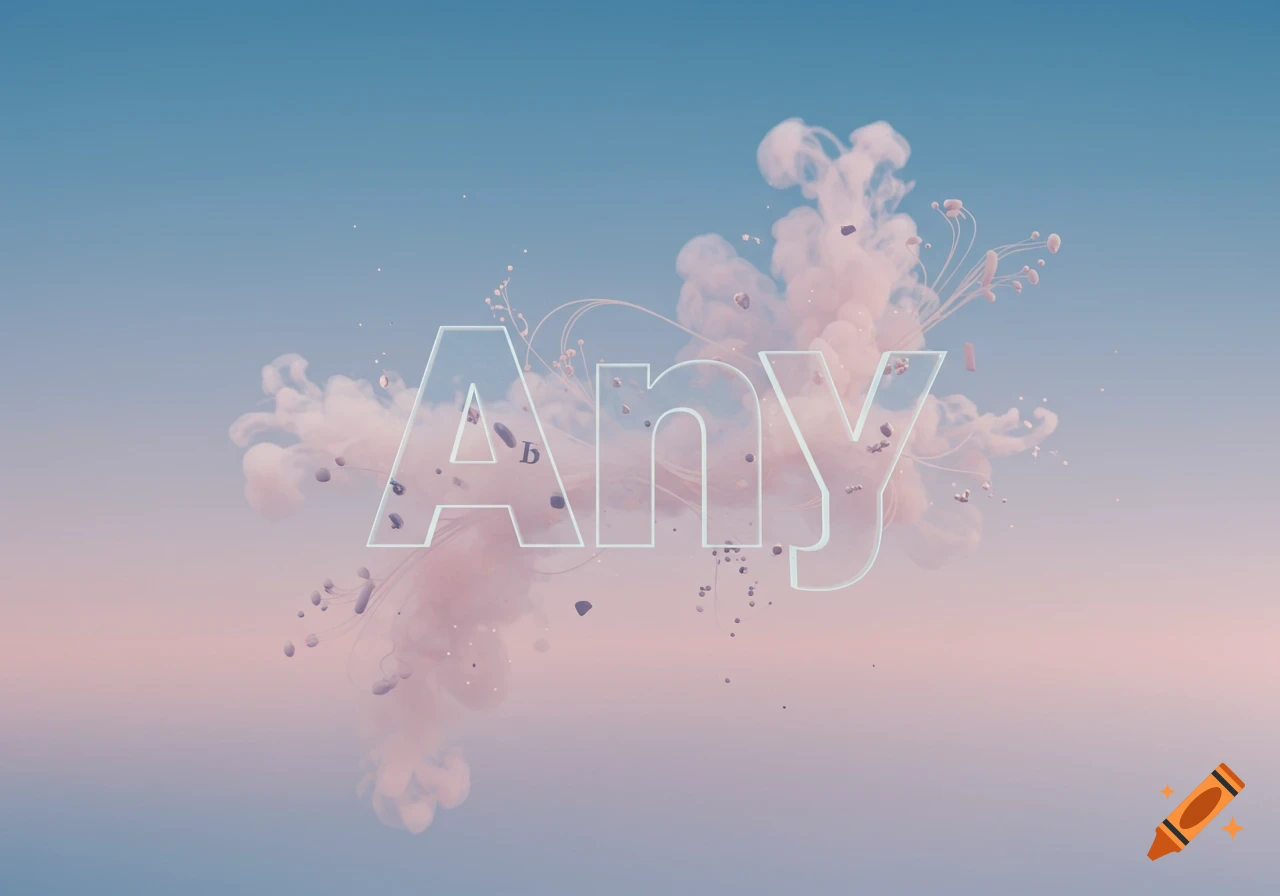 The word "Any" in translucent outline letters surrounded by pink smoke and floating particles against a gradient blue and pink sky.