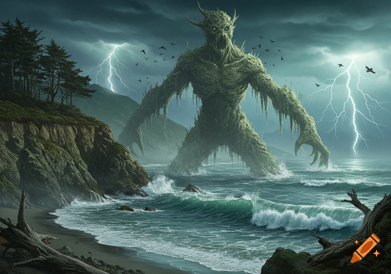 Giant mossy monster rises from a stormy ocean with lightning, rocky coast, and pine trees.