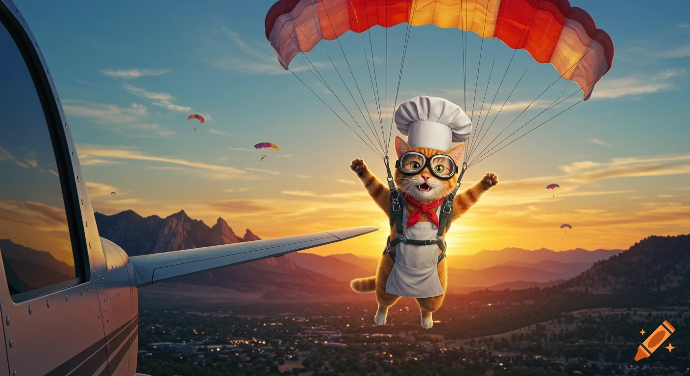 A hyperrealistic orange tabby cat in a chef's hat and apron with aviator goggles parachutes from an airplane at sunrise over mountains.