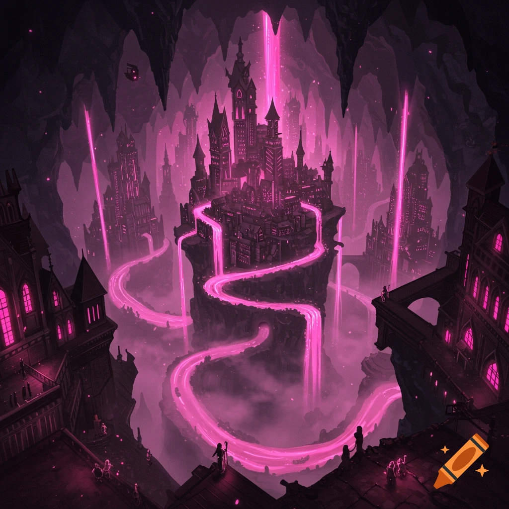 Fantastical anachronistic city within a dark cavern, with pink glowing rivers, castles, and skyscrapers, glowing with phosphorescent light.
