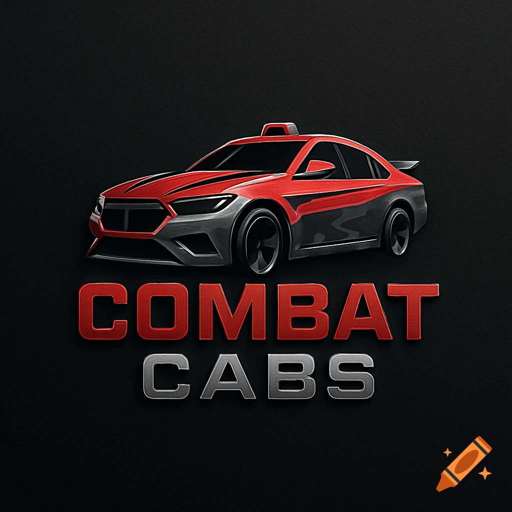 A corporate logo featuring a red and grey stylized car above the words COMBAT CABS on a black background.