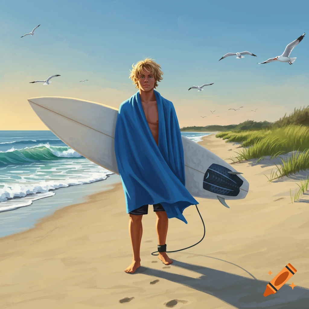 A young blond surfer stands on a sandy beach, holding his surfboard and wrapped in a blue towel, with ocean waves and seagulls.