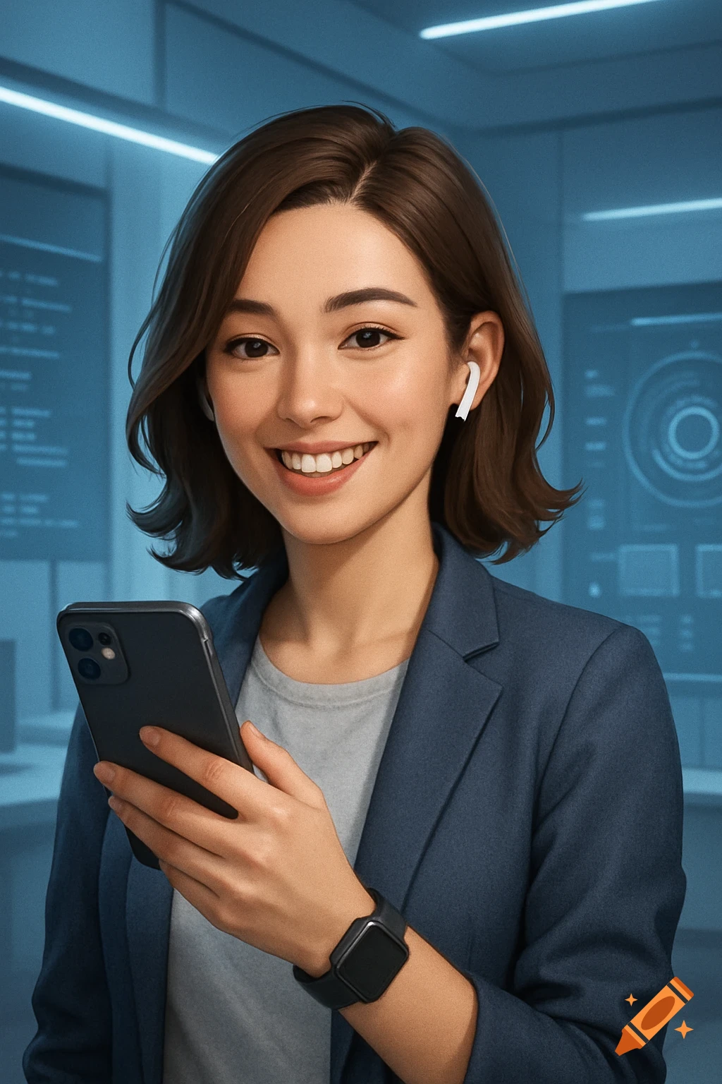 A smiling young woman with earbuds holds a smartphone in a blue-lit tech office. Photorealistic.