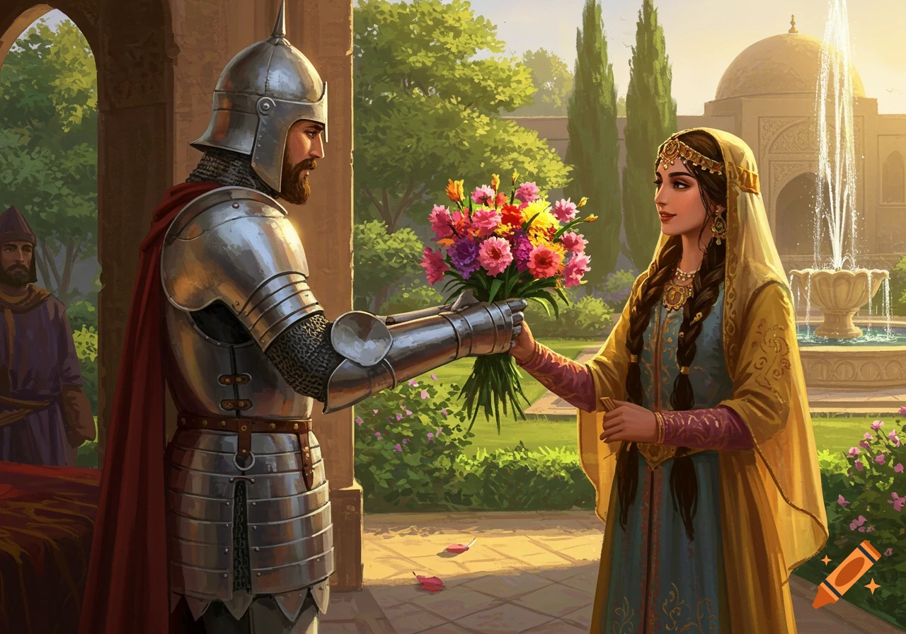 A knight in armor hands a colorful bouquet to a richly dressed Persian woman in a sunlit palace garden.