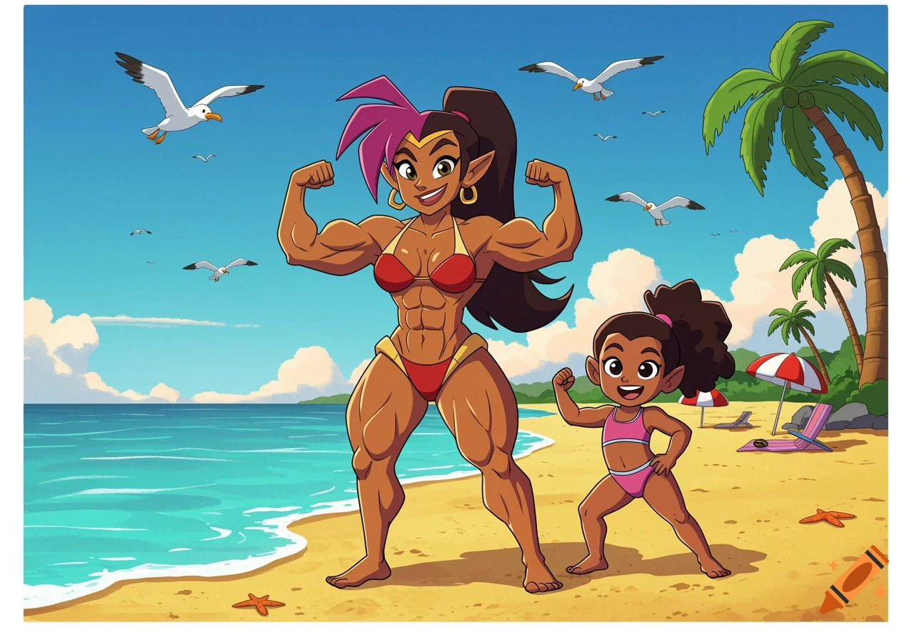 A muscular cartoon woman and a child flex their muscles on a sunny beach with palm trees and seagulls.