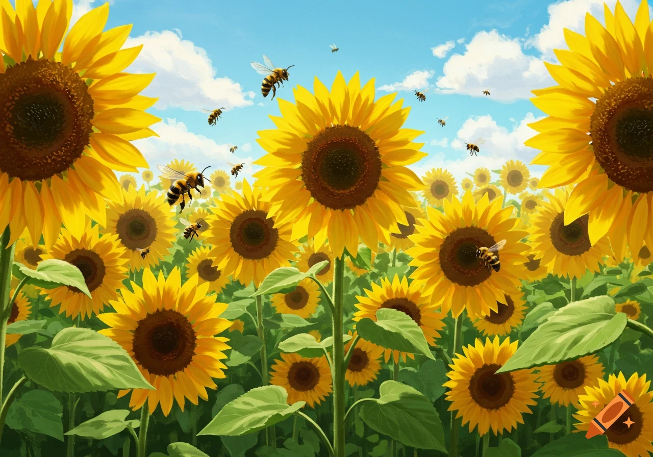 A vibrant field of yellow sunflowers reaching towards a blue sky with white clouds, with several bees flying among them.
