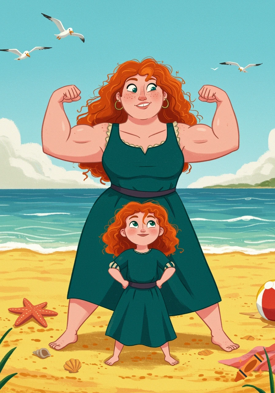 A cartoon mother with strong biceps flexing at the beach with her daughter posing next to her. Seagulls fly above the ocean.