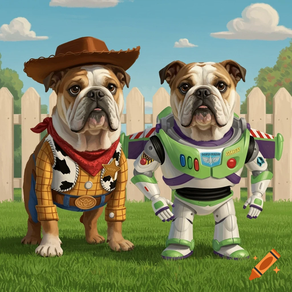 Two bulldogs dressed as Woody and Buzz Lightyear from Toy Story stand side-by-side in a grassy yard in front of a white picket fence under a blue sky.