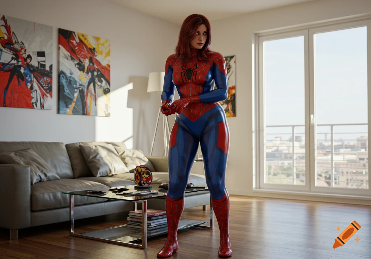 Photorealistic image of a redhead Spider-Girl in a shiny red and blue latex suit standing in a well-lit modern apartment living room.