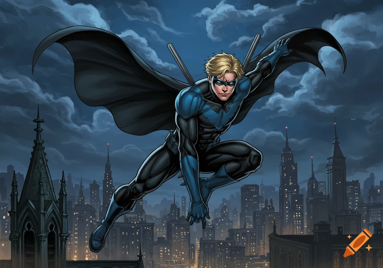 Blond Nightwing in a black and blue costume leaps over a dark city skyline at night in a comic book art style.