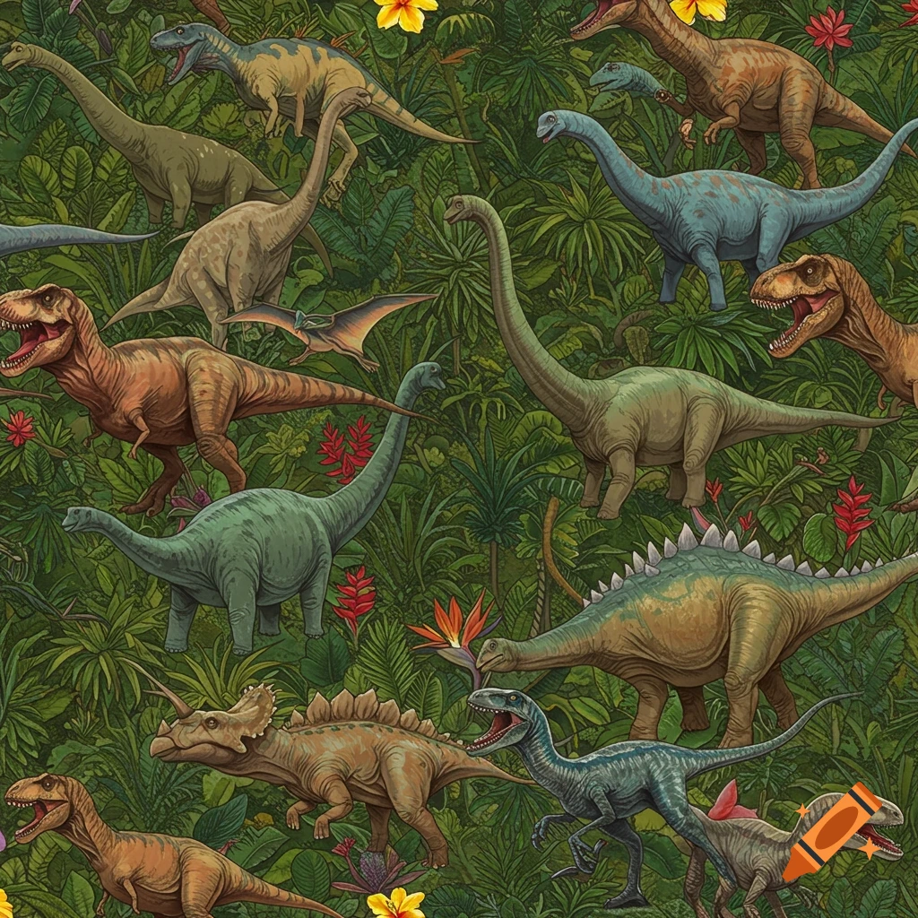 Seamless pattern of various dinosaurs like T-Rex, Brachiosaurus, Triceratops, and Velociraptor in a lush green jungle with tropical flowers.