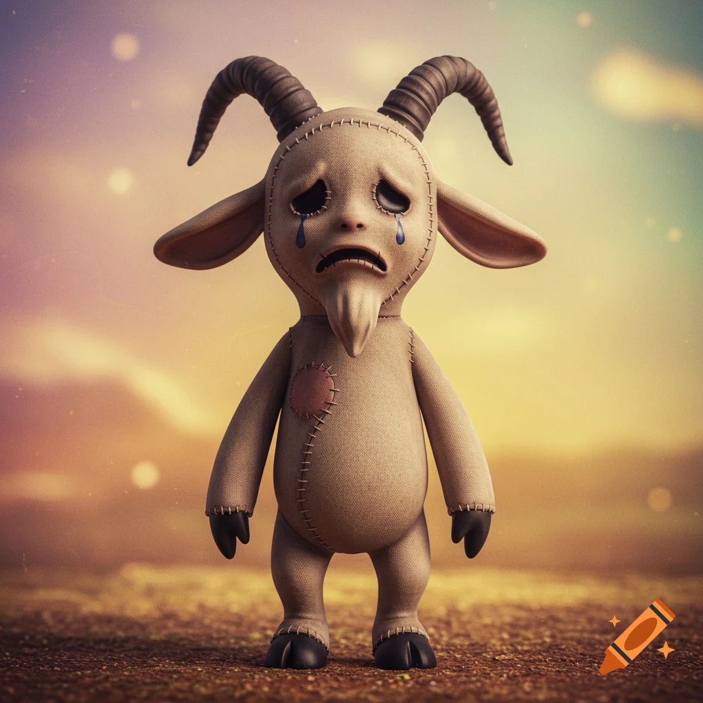 A sad, stitched, goat-like creature with horns and a beard stands in a desolate landscape under a colorful sky.