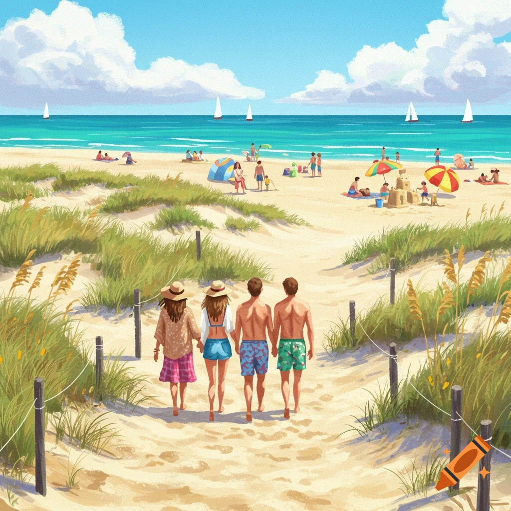 Illustrated scene of two couples walking on a sandy path to a vibrant beach with people, umbrellas, and sailboats under a blue sky.