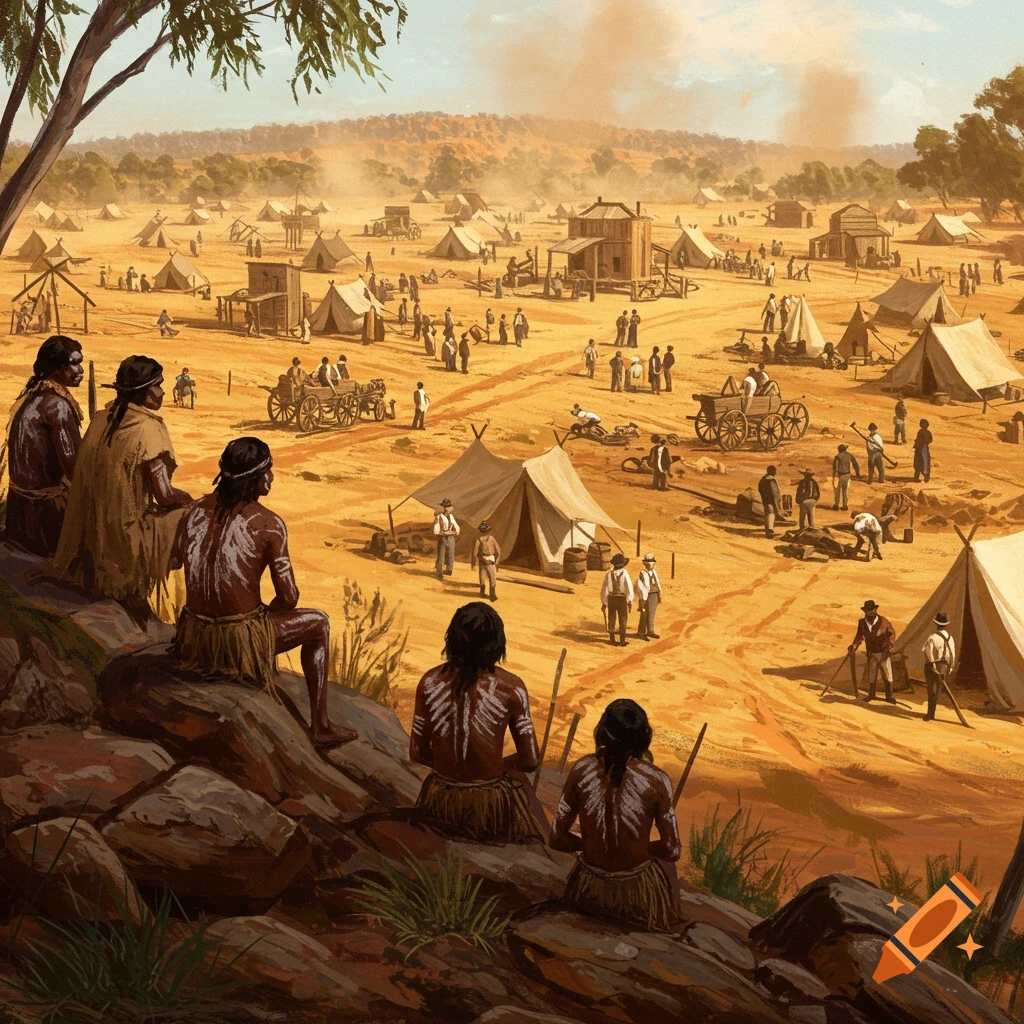 An expansive painted scene of Indigenous people observing a bustling gold rush settlement in a dry Australian landscape, with tents and wagons.