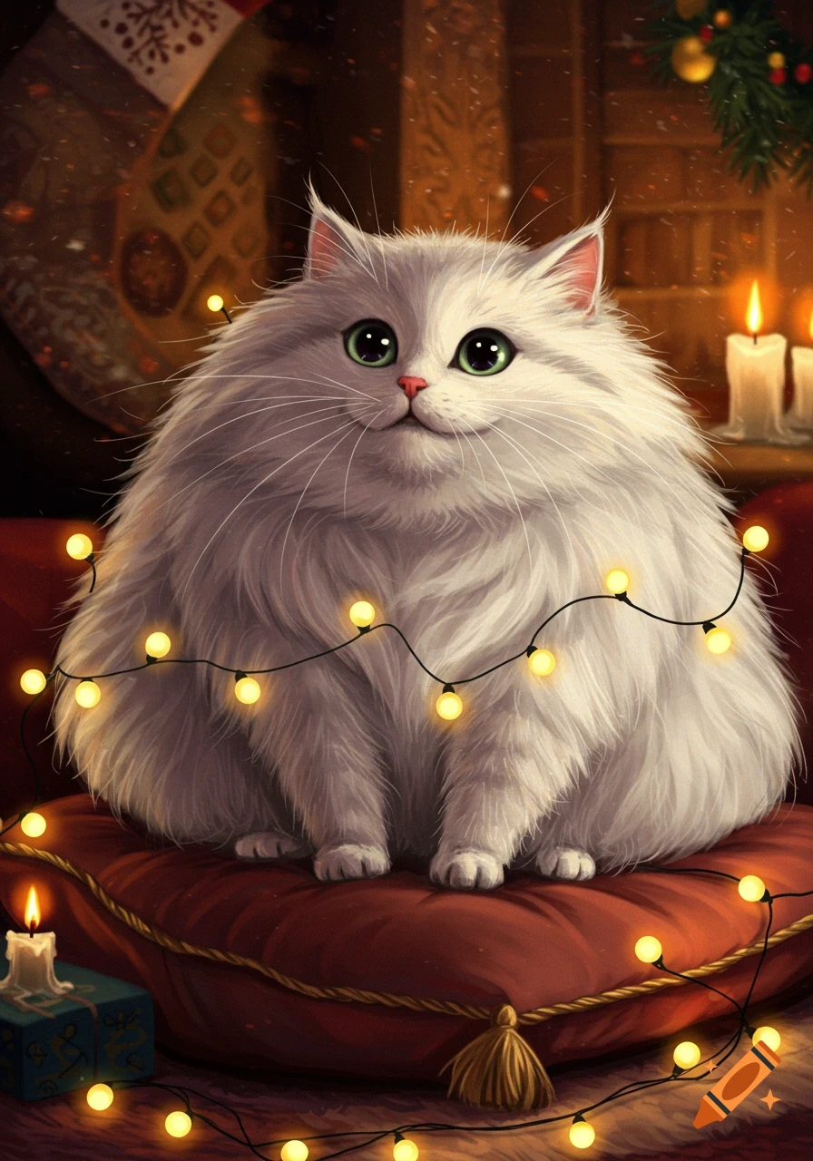 A very fluffy white cat with large green eyes sits on a red cushion, surrounded by warm, glowing string lights and candles in a cozy, festive room.