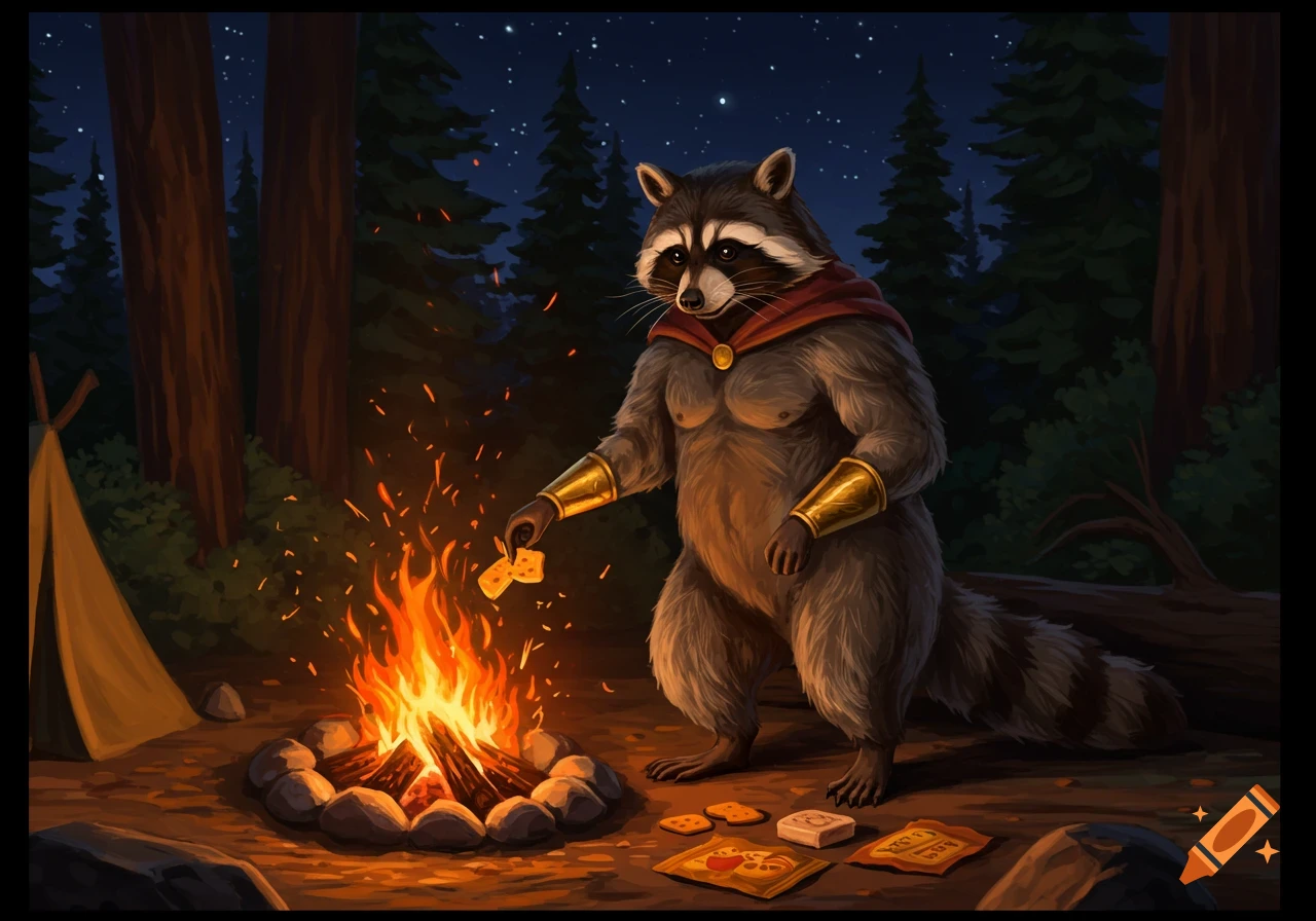 An anthropomorphic raccoon, dressed in a red cape and golden armbands, stands by a campfire at night in a forest, holding a piece of cheese.