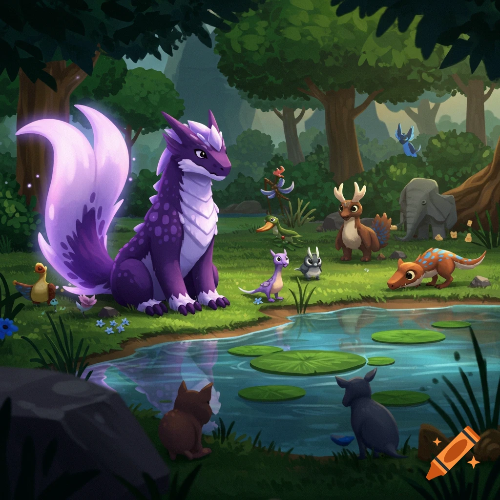 A large purple dragon-like creature with a glowing tail sits by a watering hole surrounded by various other cartoon forest animals.
