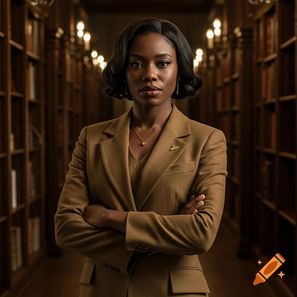 A professional Black woman in a brown suit with crossed arms stands in a dimly lit library.