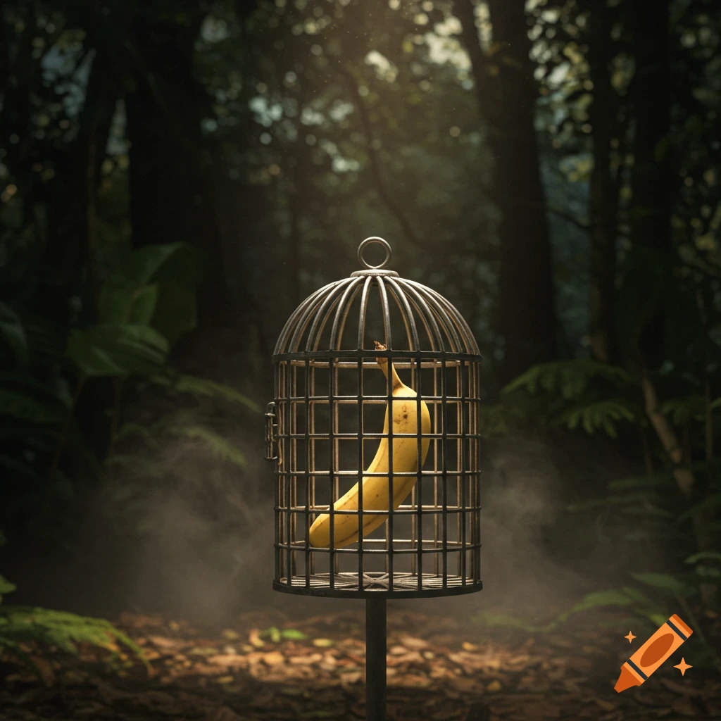 A ripe yellow banana is locked inside a metal birdcage, standing on a post in a misty, sunlit jungle forest.