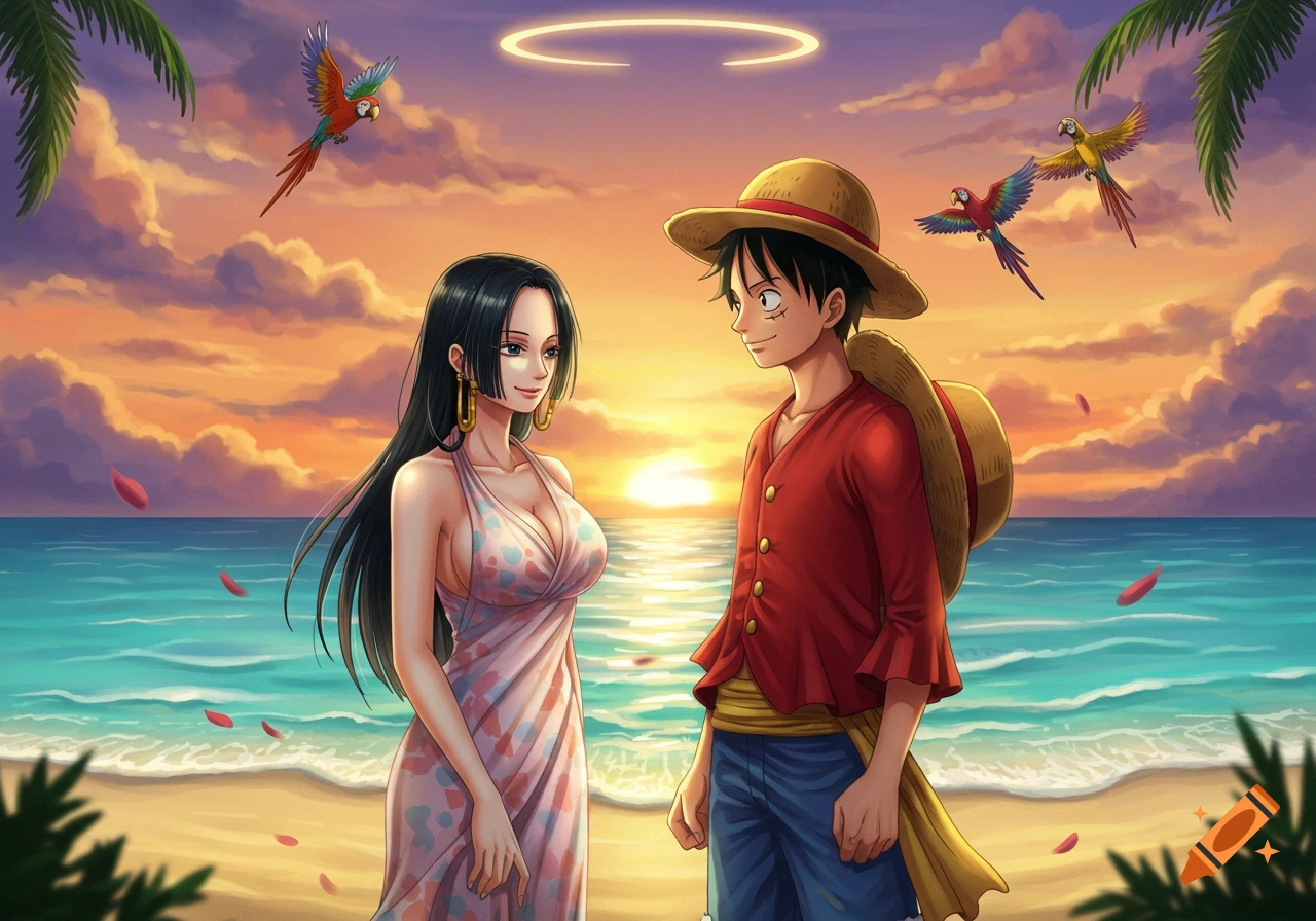 Luffy and Hancock from One Piece on a beach at sunset with parrots flying, anime style.