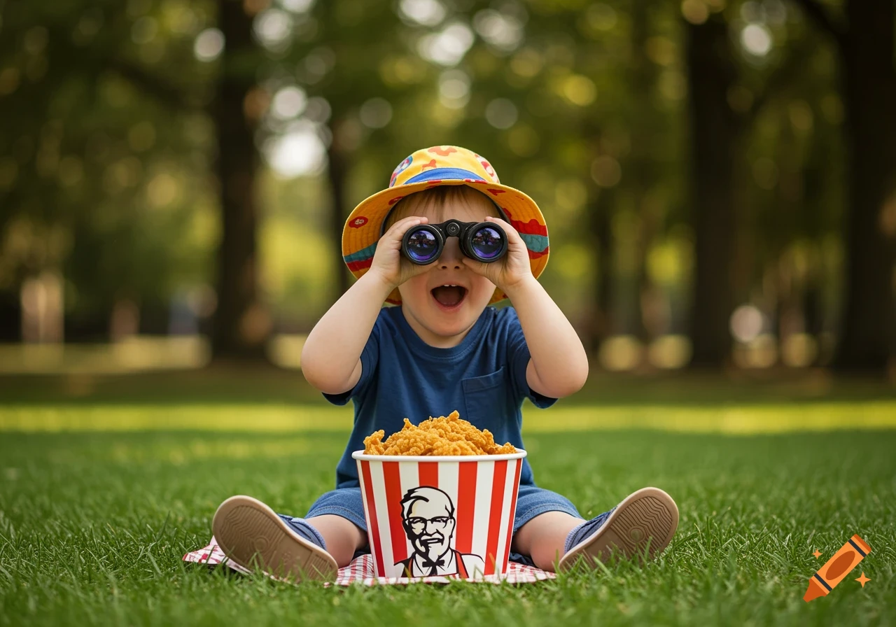 An excited child in a yellow hat looks through binoculars while sitting on green grass next to a bucket of KFC fried chicken.