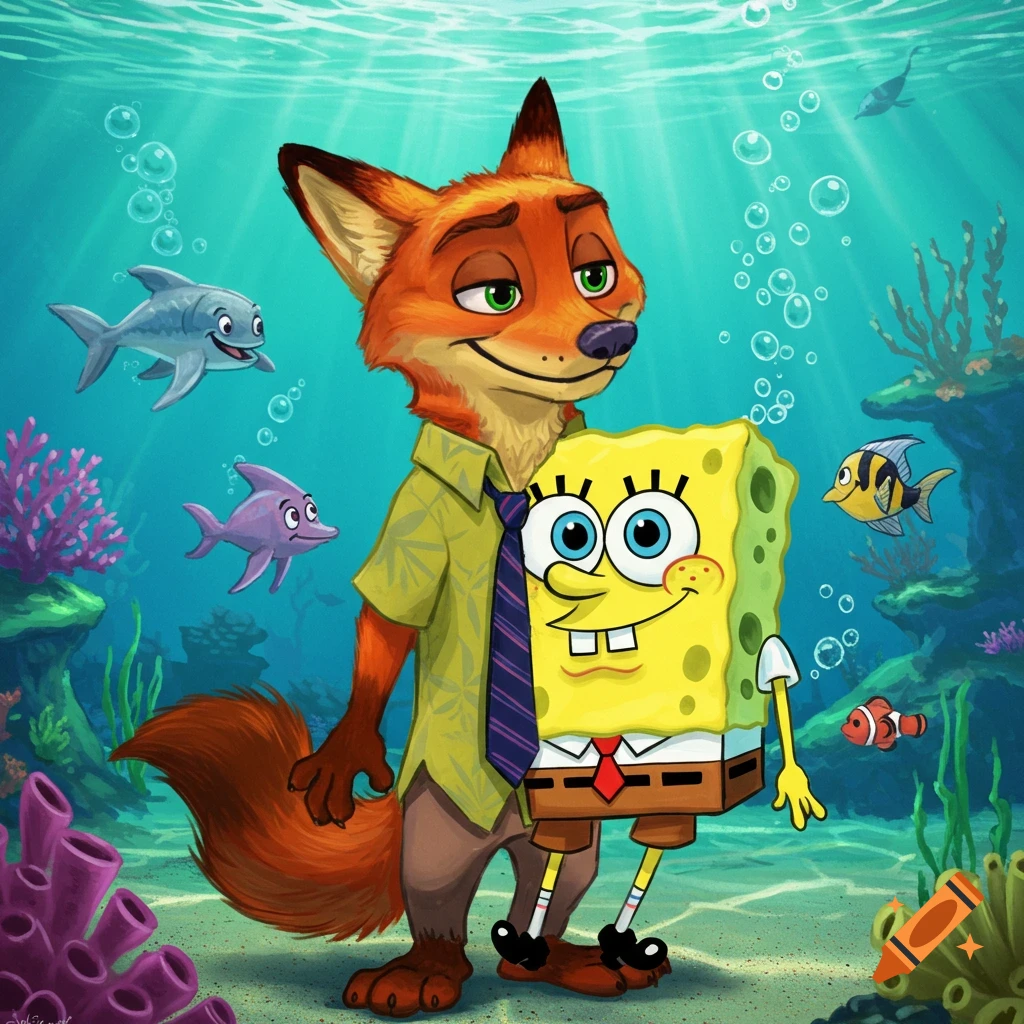 Cartoon illustration of a fox-spongebob hybrid character standing underwater with various fish and coral.