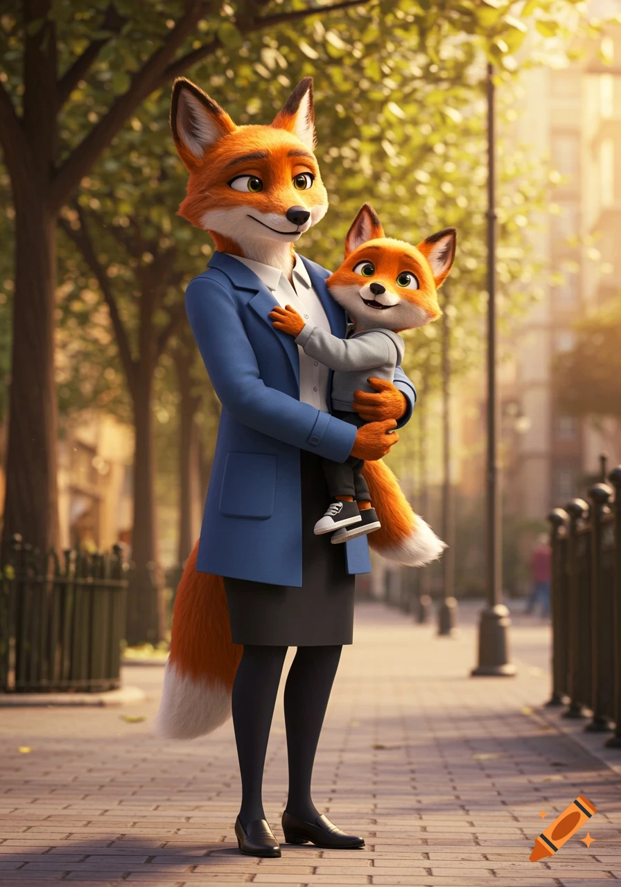 An animated anthropomorphic fox mother in a blue coat carries her fox son on a city street.