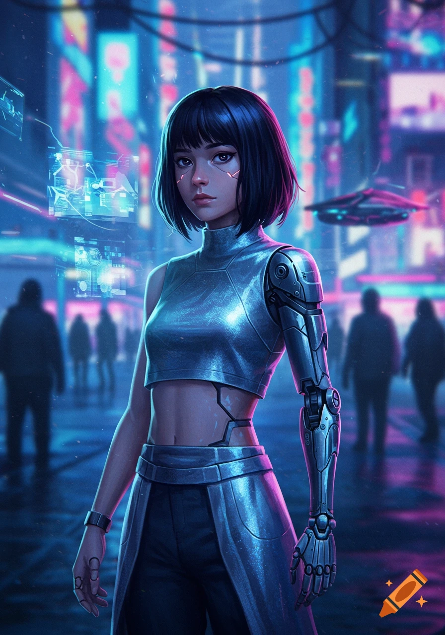 A futuristic girl with short dark hair and a robotic left arm stands in a neon-lit cyberpunk city at night.