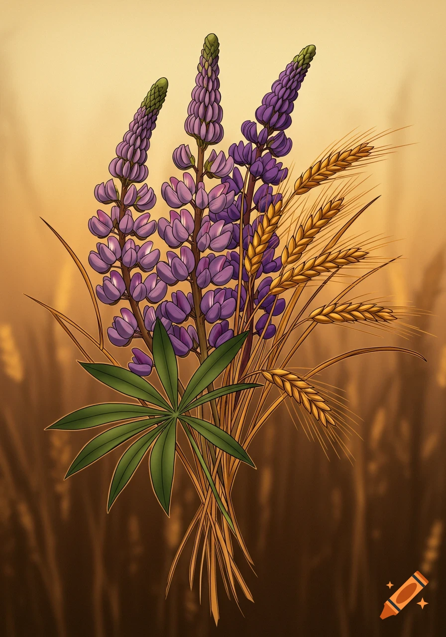 Stylized illustration of a bouquet with purple lupine flowers, green leaves, and golden wheat stalks against a warm, blurred field.