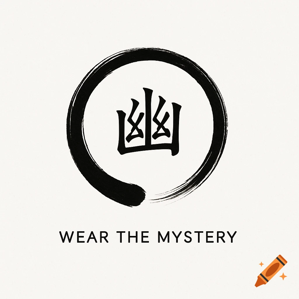 A minimalist black Ens r so brushstroke circle encircles the Kanji character ' ', with 'WEAR THE MYSTERY' text below, on a light background.