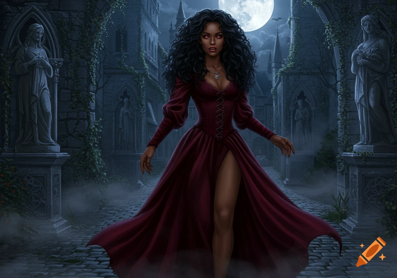Vampire woman with black curly hair and red eyes in a red dress standing in a gothic castle courtyard under a full moon.