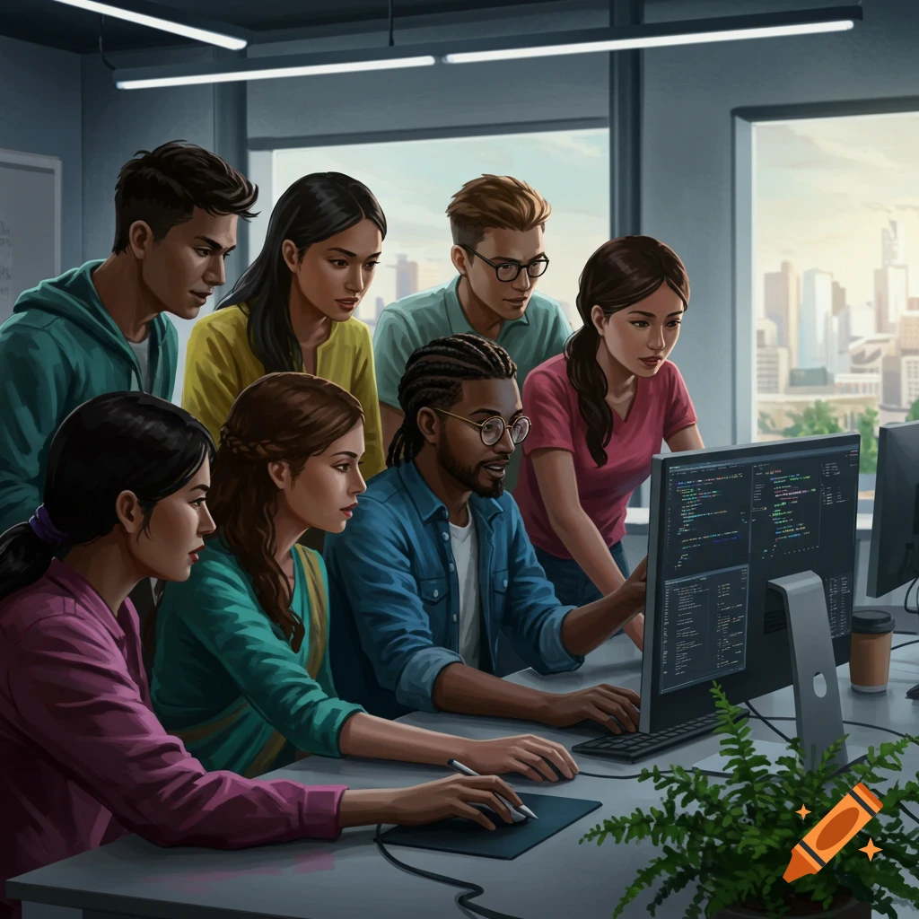A diverse team of software developers collaborates around a computer monitor in a modern office, reviewing code on screen.