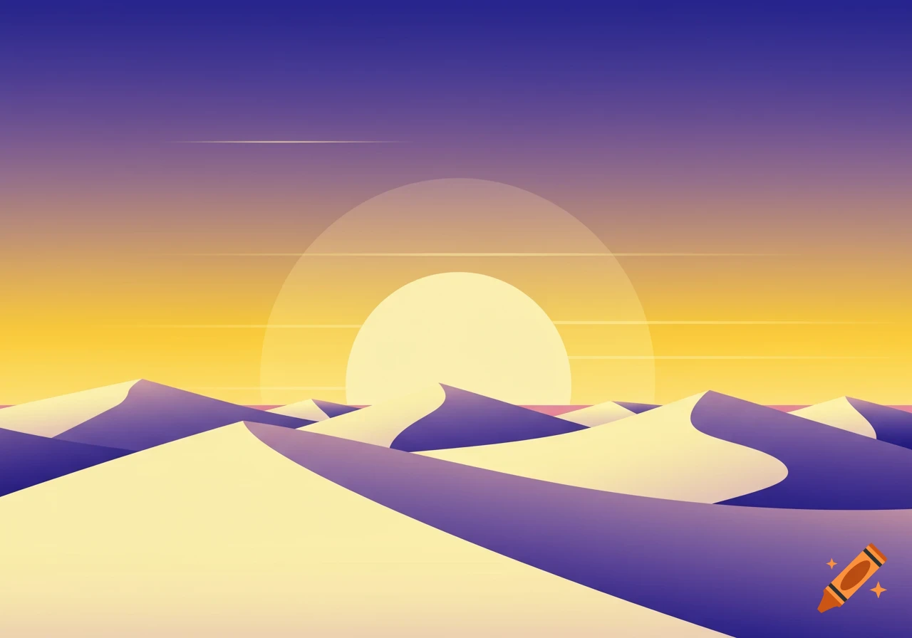 Stylized Y2K-aesthetic desert landscape at sunrise with purple and yellow gradient sky over white-yellow dunes.