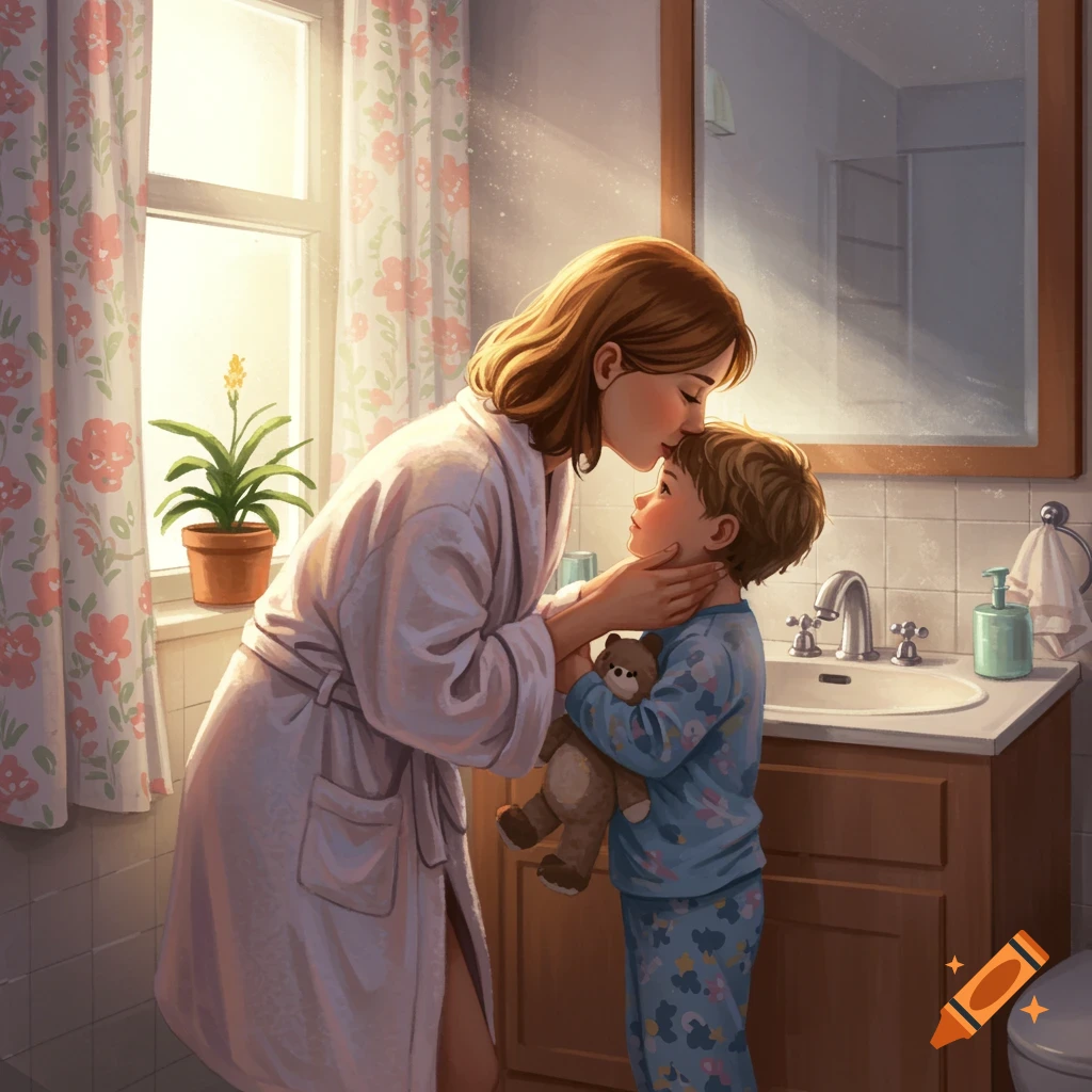 An illustration of a mother in a bathrobe kissing her young son's forehead in a warmly lit bathroom.