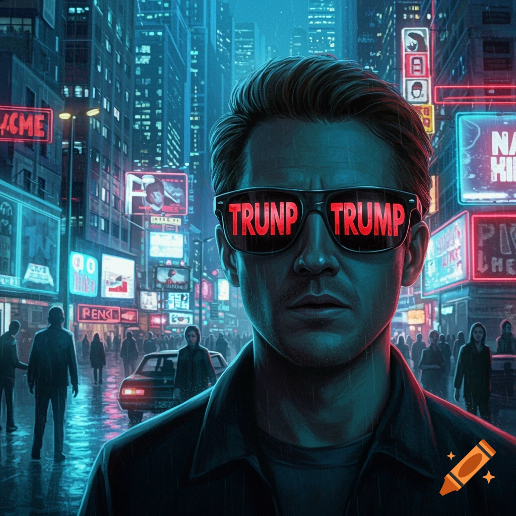 A man wearing sunglasses reflecting "TRUMP" stands in a rainy, neon-lit cyberpunk city street with people and buildings.