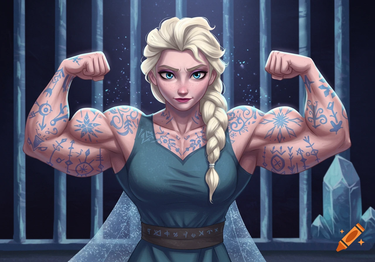 Cartoon Elsa from Frozen flexes her muscular, tattooed arms in front of blue prison bars and ice shards.