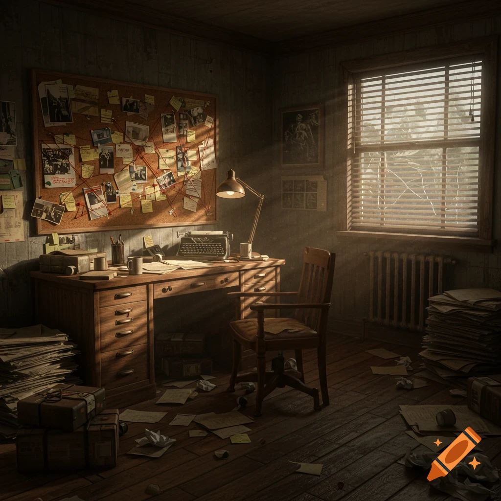 A dimly lit, messy vintage journalist's or detective's office with a desk, typewriter, and a corkboard covered in clues.